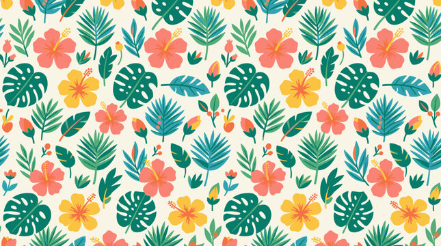 Colorful tropical flowers and leaves pattern.