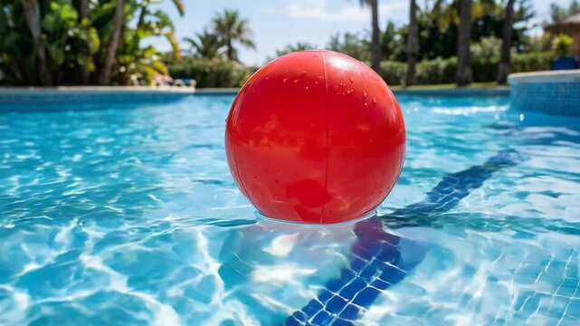 red ball floating in a pool close up with sunlight