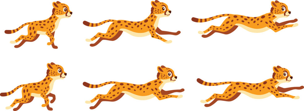 Cartoon Cheetah Running Animation Sprite Sheet Sequence Multiple Frames Fast Speed Wildlife Vector Illustration Set