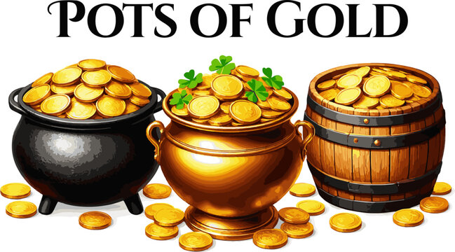 Create a realistic kinds of deferent Pot of gold vector art with white background..