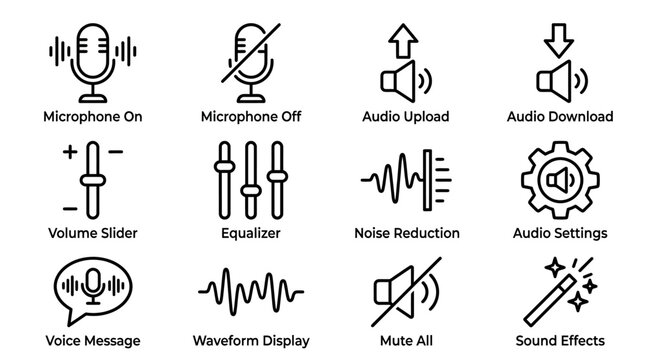 Audio control and sound settings icon set for modern digital interfaces.