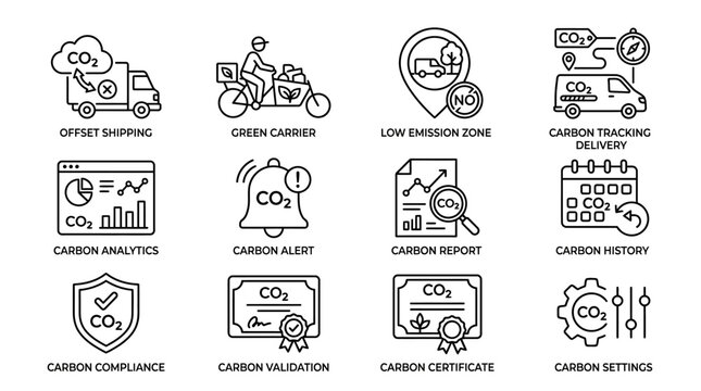 Set of Carbon Footprint and Environmental Impact Line Icons.