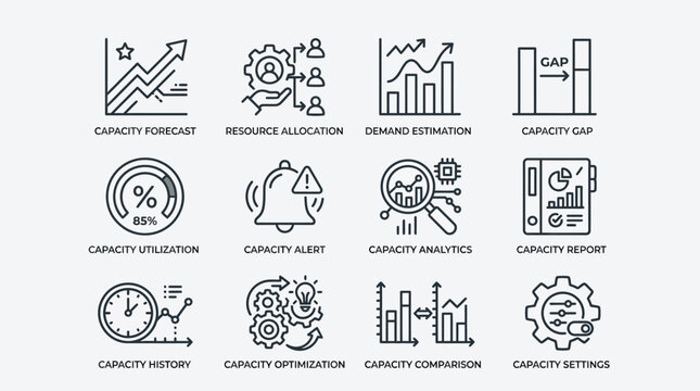 Set of capacity management and resource planning line icons.