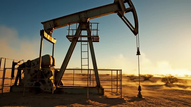 Oil pump oil field desert industry energy fuel machinery sunset landscape dust swirling oil pumpjack remote oil field dusty industrial landscape fossil fuel petroleum extraction machinery energy