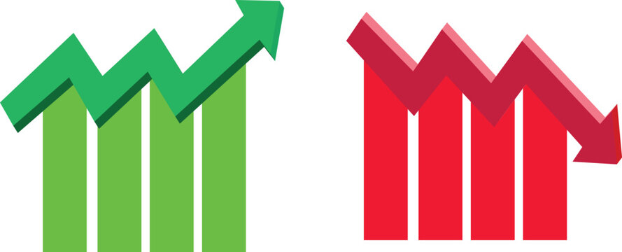 Set of green bull market growth and red bear market decline bar charts with arrows for financial business data analysis and stock exchange