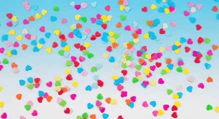 Obraz premium Colorful, scattered confetti particles on light blue gradient background, festive celebration texture