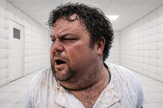 A heavyset man, sweating and distressed, stands in a stark white padded room wearing a stained white shirt