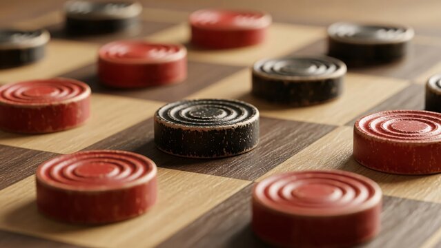 Close-up of traditional Othello or Reversi game pieces on wooden board showing red and black discs in strategic gameplay setting for board game enthusiasts