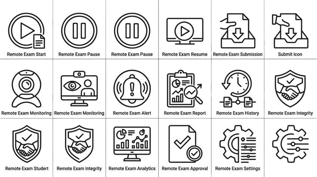 Set of outline style remote exam and online testing process icons.