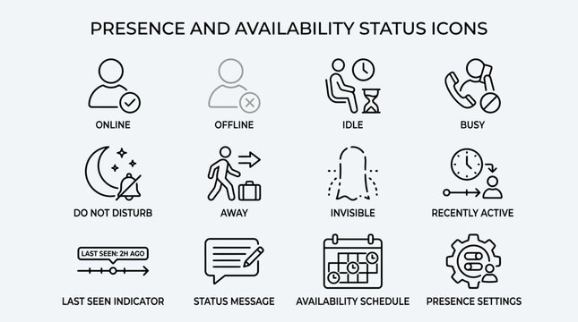 Set of presence and availability status line icons for communication software.