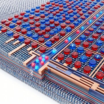 Abstract Digital 3D Illustration Of Quantum Computing Technology With Red And Blue Particles Moving Through Circuits
