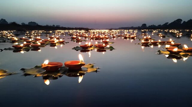Dhumavati Jayanti celebration with thousands of floating oil lamps on water at sunset