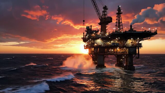 Offshore oil rig ocean platform at sunset with dramatic sky rough sea wave energy industry drilling silhouetted structure over stormy water and powerful waves crashing in fiery ocean twilight