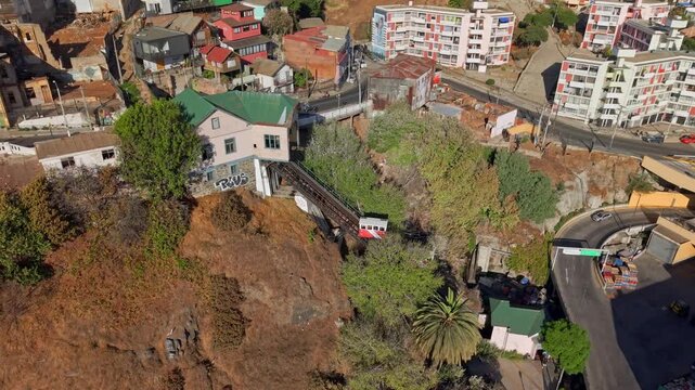 Aerial fly at cable car Baron Valparaiso Cityscape Historic Funicular Chile Travel Destination