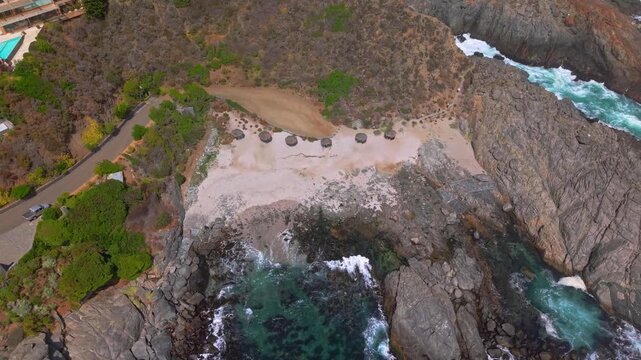 Aerial Tilt Up Punta Pite Valparaiso Chile Cove Bay Luxury Houses at the Beach Coast