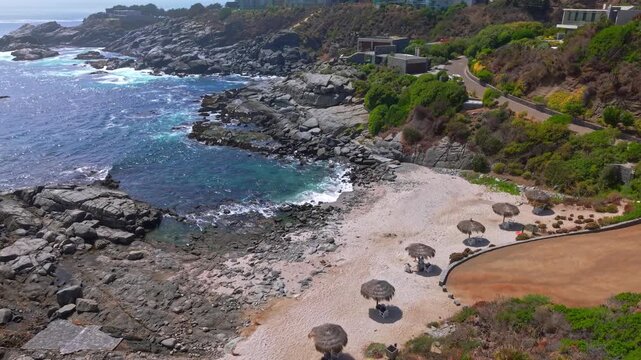 Aerial fly Punta Pite Valparaiso Chile Luxury Cliff Houses Pacific Ocean Beach Tranquil Landscape