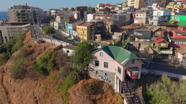 Aerial Reveal Valparaiso Skyline Ascensor Baron Funicular Railway Mirador Chile Establishing