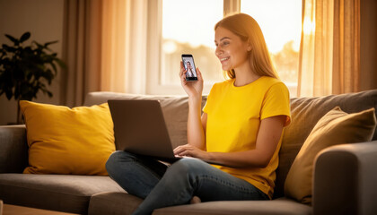 Obraz premium A woman sits on a couch, using a laptop and holding a smartphone. The woman smiles while looking at the phone, illuminated by warm sunlight in a cozy setting.