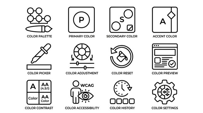 Set of UI color management and design system line icons.
