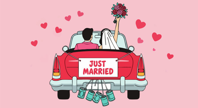 Vintage wedding car with just married sign, newlywed couple in red convertible with hearts, romantic bridal getaway vector illustration
