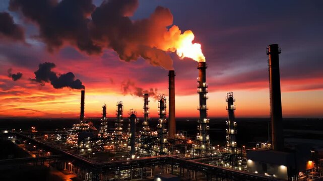 Refinery flare stack industrial plant sunset sky with dramatic cloud fire flame emission silhouette energy landscape pollution powerful glow petrochemical heavy industry gas flare pipeline storage