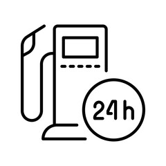 24h fuel station icon. Industry and fuel station line symbol. Black and white. © M.Style