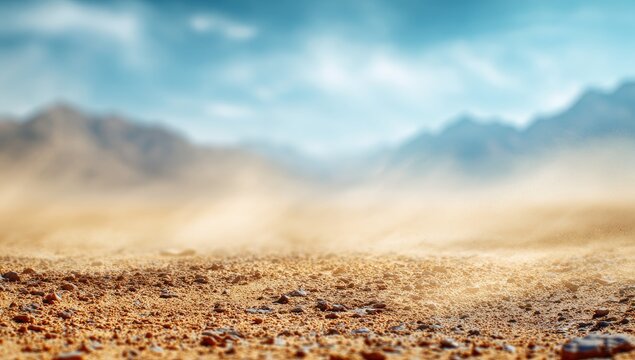 Arid desert floor detailed, with wind-blown sand haze, blurry distant mountains, blue sky