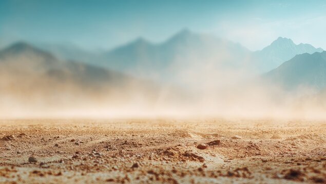 Dust cloud billows over dry desert ground, with blurred mountains under a hazy blue sky