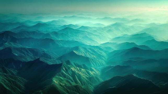 Vast Mountain Range with Green Peaks Under Soft Light in Atmospheric Landscape