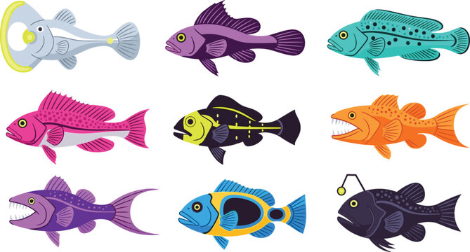 Deep sea fish species colorful predatory aquatic wildlife flat icon set
