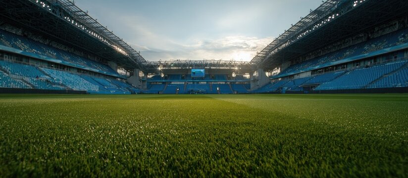 Expansive empty stadium pitch, tiered blue seats, bright sky with sun, dramatic light