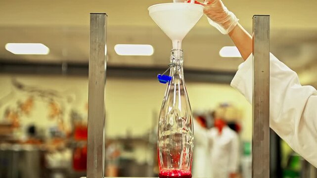 Scientist pours red liquid through a funnel into a glass bottle in a laboratory. Controlled process with gloved hand, clear container and scientific handling of fluid during testing or production.