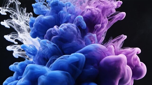 Blue and purple ink clouds swirling in black water