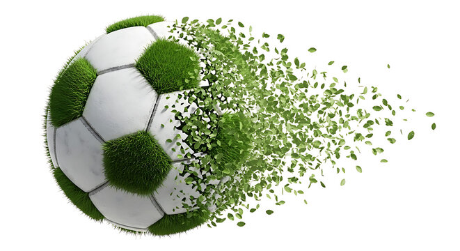Soccer ball exploding with green grass particles