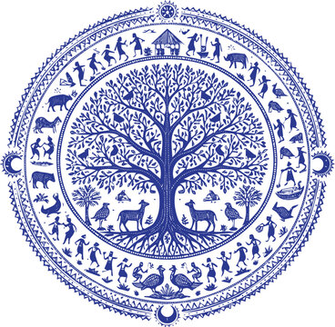 Hand Drawn Indian Warli Tribal Art Illustration with Traditional Folk Figures, Geometric Patterns and Cultural Village Scene Design
