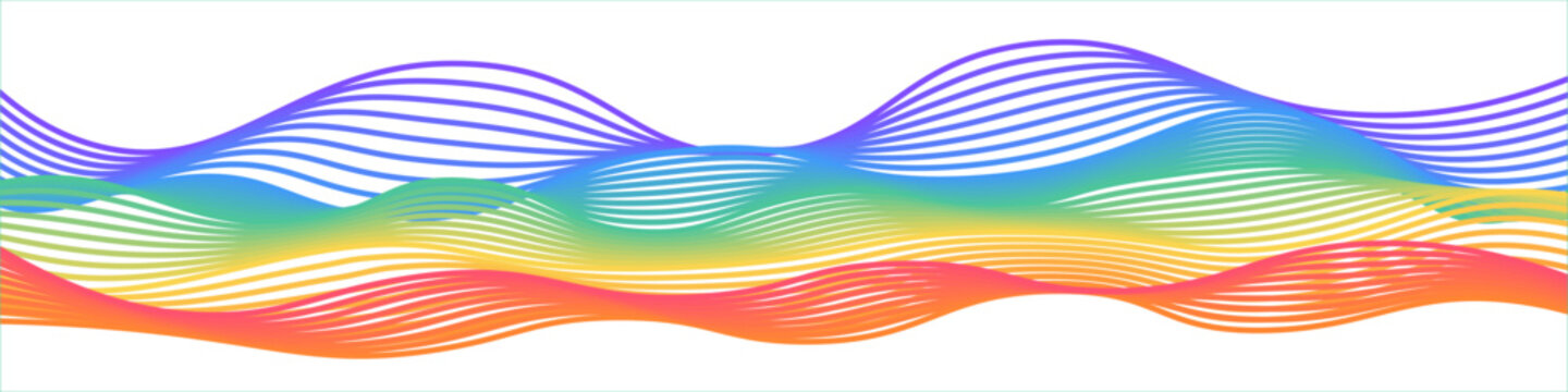 Flowing rainbow wave lines on transparent background inspired by Pride Month. Vibrant layered spectrum curves symbolizing LGBTQ+ diversity, perfect for banners, posters and inclusive digital designs