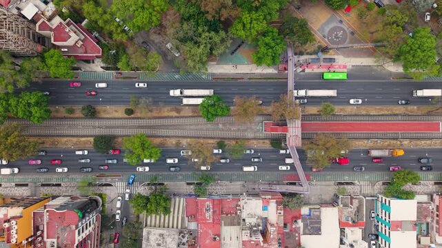 Top down drone view of Calzada de Tlalpan in southern Mexico City