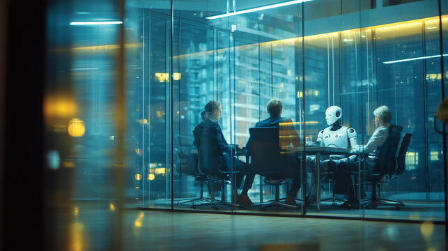 Humanoid robot attending a corporate business meeting with professionals and executives, in modern glass office