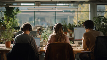 Obraz premium A group of diverse young Gen Z professionals working on laptops with headphones in a modern sustainable office filled with plants
