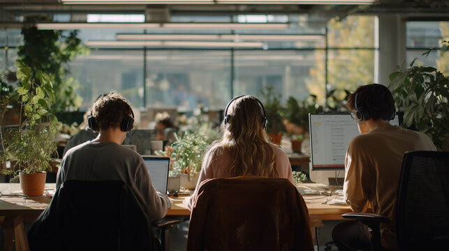 A group of diverse young Gen Z professionals working on laptops with headphones in a modern sustainable office filled with plants