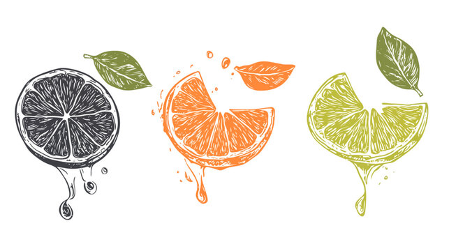 Colorful graphic illustration of sliced citrus fruits with leaves and dripping juice