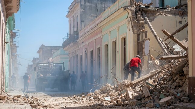 Destruction of buildings after earthquake in urban area with debris scattered on the street and workers clearing rubble in a city environment
