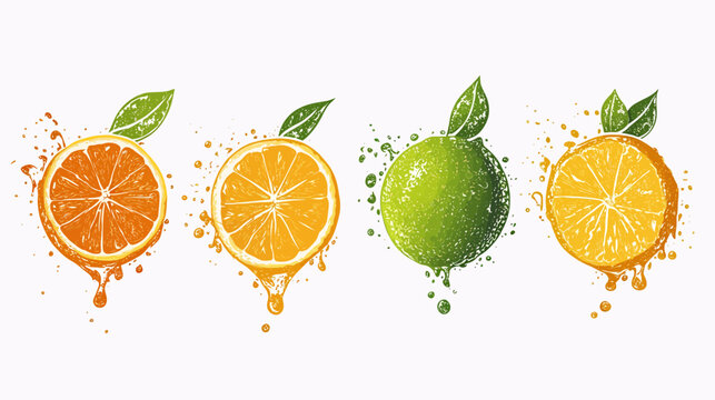 Watercolor illustration of citrus fruits oranges, limes, and juice splashes on a white background