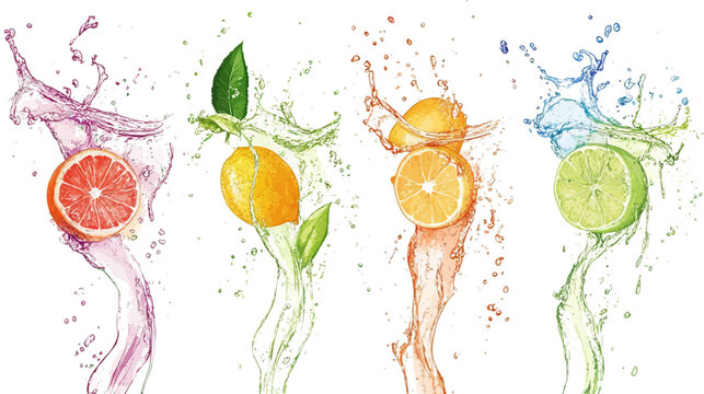Watercolor illustration depicting citrus fruits in colorful water splashes. Each has leaves