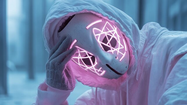 ピンクのネオンが光る白いマスクとフードを被った人物。頭を抱えるポーズのミステリアスなポートレート