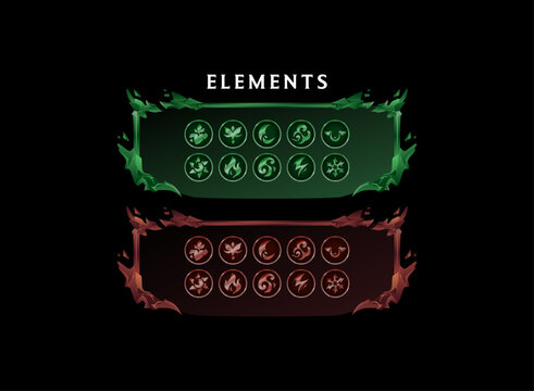Fantasy Element UI Frame and Icon Pack &ndash; Fire and Nature Themed Decorative Panels with Element Symbols for RPG Game Interface, Magic Skills Menu, Mobile Game HUD, and Fantasy UI Design