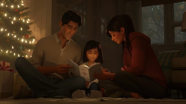 Warm Family Sitting on Floor Reading Book During Christmas Celebration