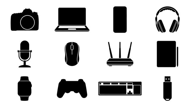 Black icons of electronic devices and gadgets.