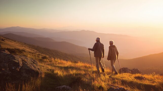 active senior couple hiking in the mountains at sunrise, healthy aging concept, photorealistic, no text, no logo