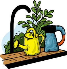 Yellow watering can with indoor plants for home gardening, vector illustration. Plant care concept with watering pot and green houseplants © Natalia